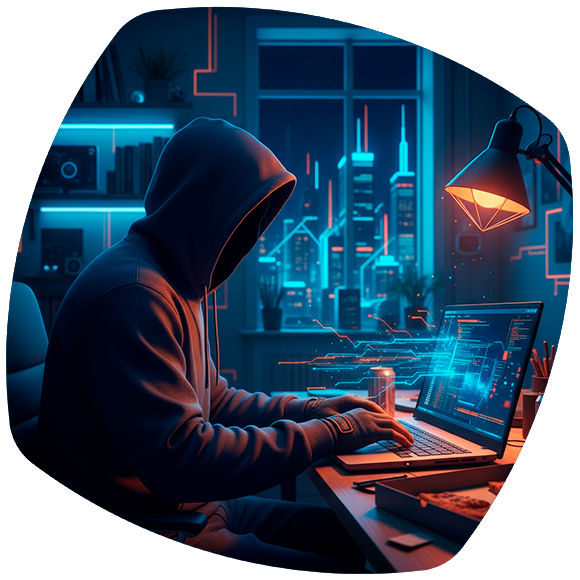 Iemand in een hoodie, een hacker achter een laptop in een donkere kamer