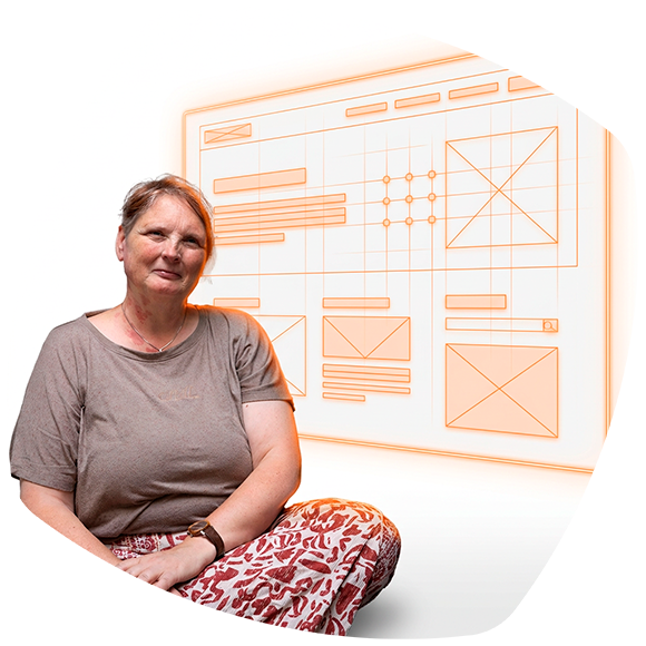 Rachel met op de achtergrond een weergave van een webpagina. Het menselijke gezicht van de website