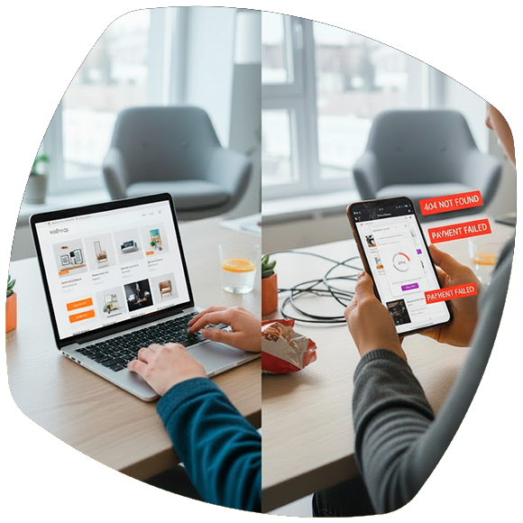 Twee schermen naast elkaar op de ene werkt de webshop goed, de ander geeft foutmeldingen